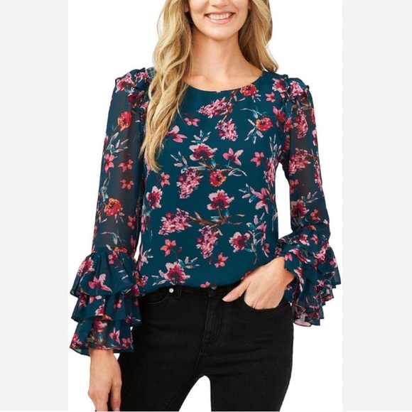 CeCe Tops - CeCe Long Sleeve Floral Moment Blouse w/Ruffle Cuff